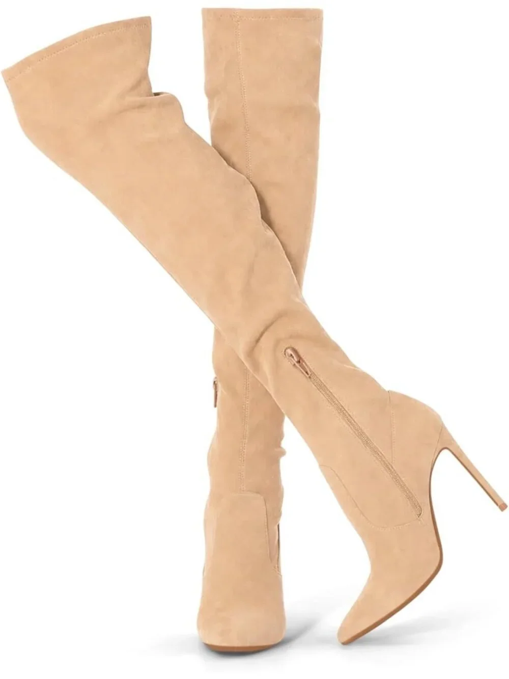 Women's Nude Faux Suede Pointed Toe Over-the-Knee Thigh High Stiletto Heel Boot